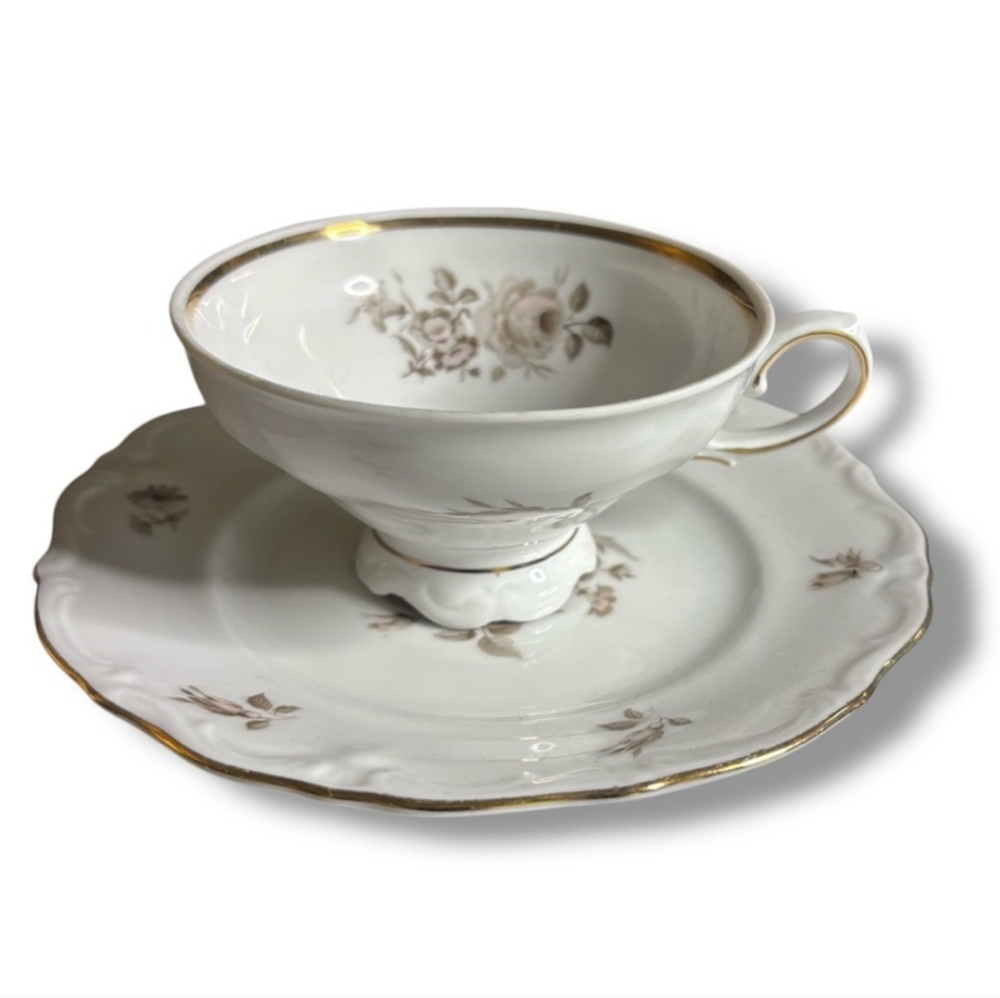 ROYAL M Bavaria Germany Footed Gilded Floral Teacup & Saucer VINTAGE